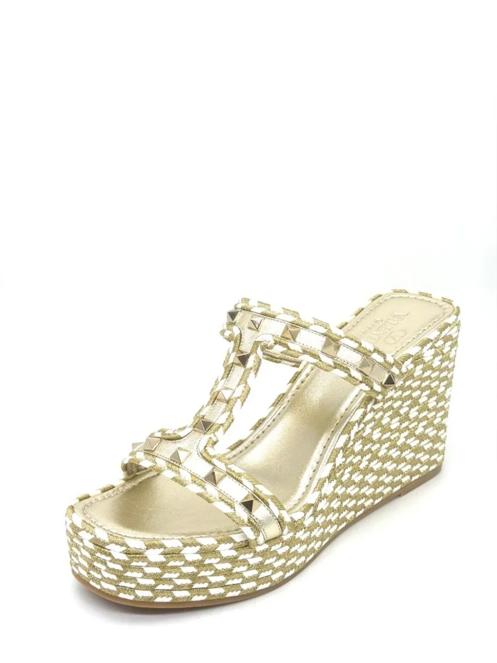 Valentino Rockstud Torchon Rope Wedge Heel Braided Espadrille Slide Sandals